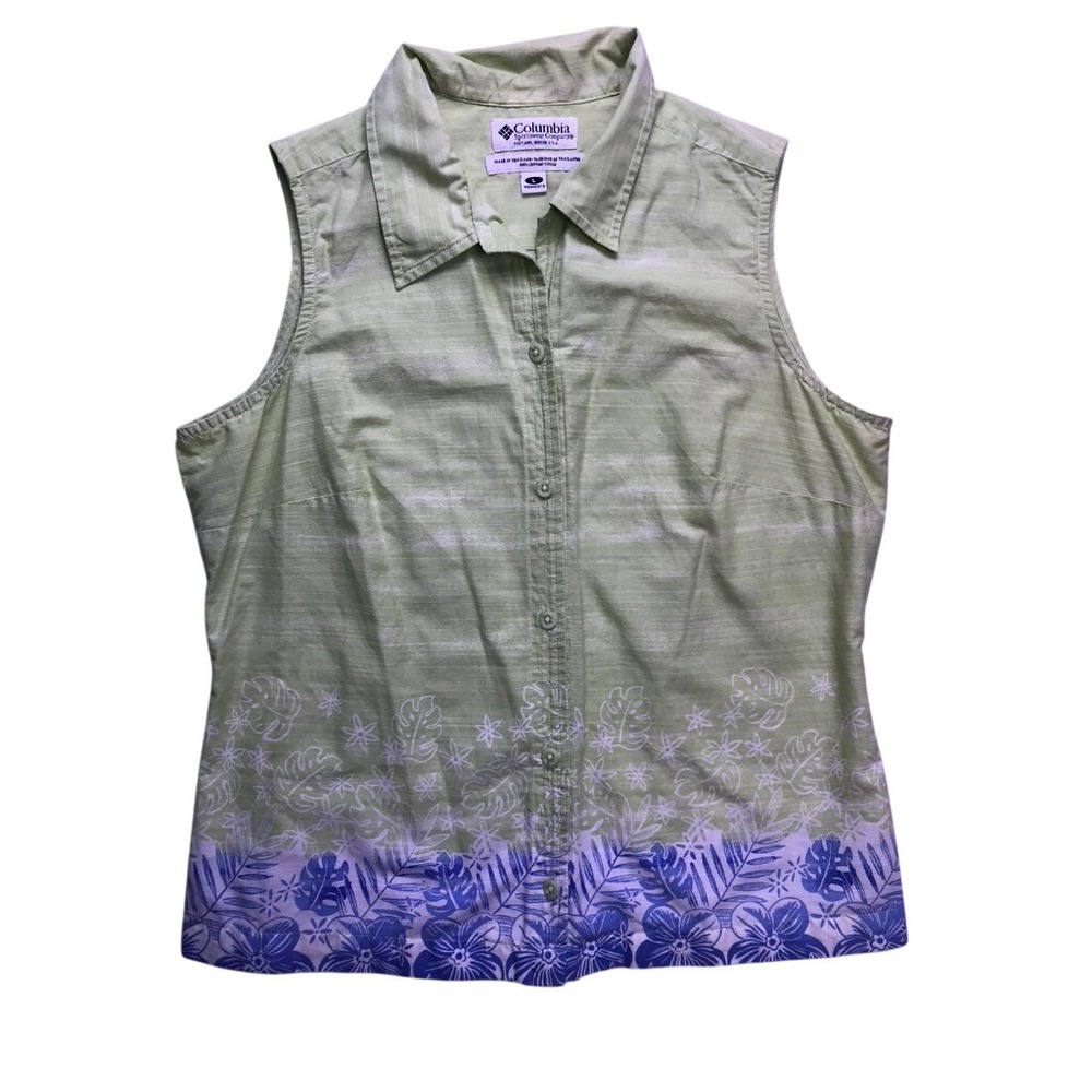 Columbia Sleeveless Shirt Women Large Green Floral Tropical Button Up Cotton Y2K